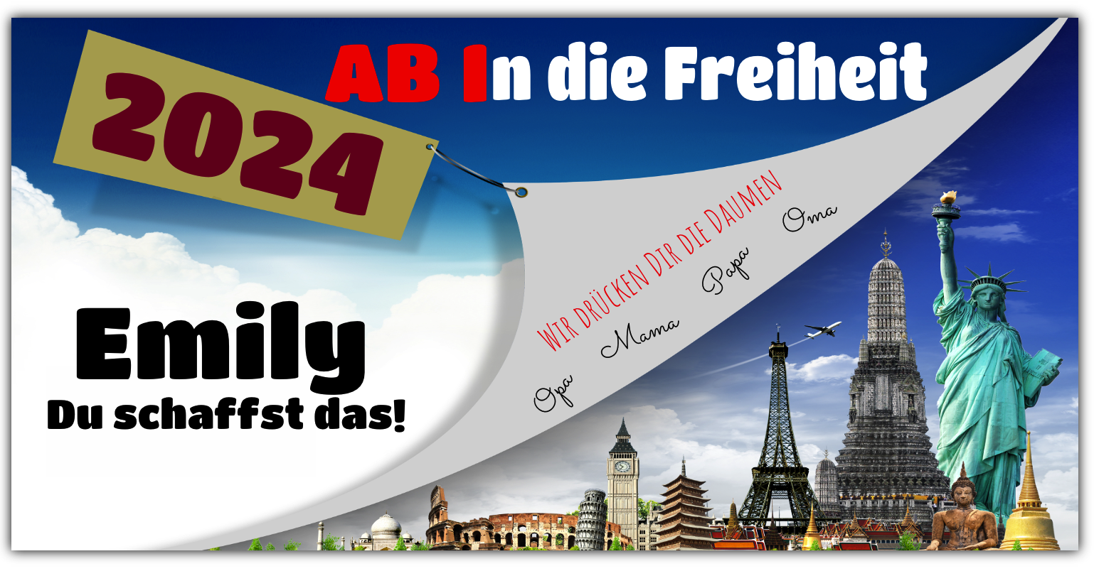 Abi-Banner "Weltreise 3" inkl. Saum & Ösen alle 50cm | Wähle unsere neuen Motive zum personalisieren — Foto Nr. 2