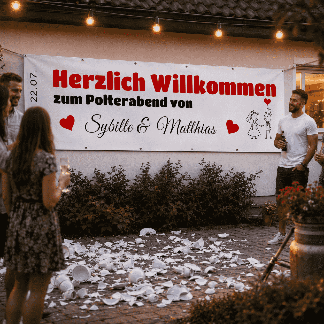 Willkommensbanner für Polterabend - Montagefertig mit Saum und Ösen