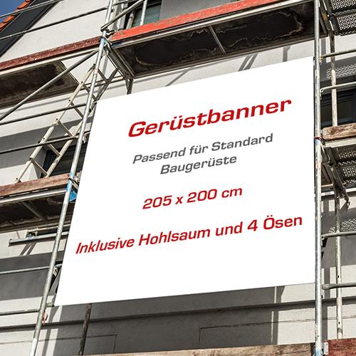 Gerüstbanner - Meshbanner 200 x 205 cm links und rechts Saum und Ösen | oben und unten Hohlsaum